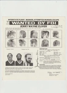 FBI WANTED POSTER JERRY WAYNE CLIVER -INTERSTATE FLIGHT-MURDER-ESCAPE VERSION #1 - Picture 1 of 2