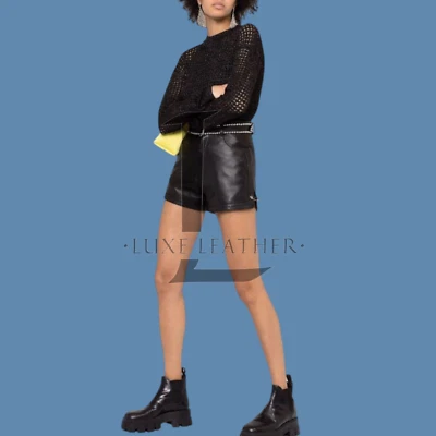 Women's Black Cargo Leather Shorts Genuine Lambskin Leather Shorts - Imagem 1 de 4