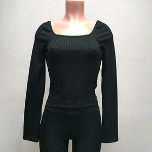 Madewell Womens Black Long Sleeve Raglan Split Ribbed Square Neck Tee Blouse S - Picture 1 of 9