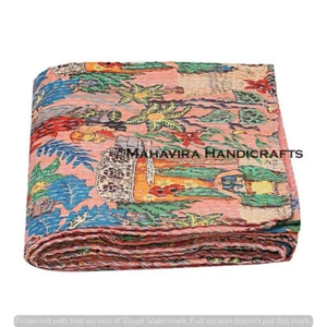 Floral Print Pure Cotton Peach Kantha Quilt Coverlet Queen Size Bedspread - Picture 1 of 5