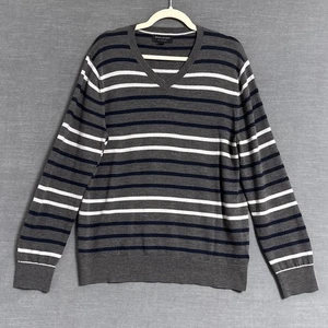 Banana Republic Sweater L Gray Navy Striped Merino Wool Pullover Business Casual - Picture 1 of 9