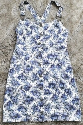 EUC Kimchi Blue Floral Overall Dress Denim White Blue Size 6 Festival Boho Cute - Image 1 of 4