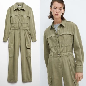 NWT Mango Mng Denim Cargo Utility Straight Leg Jumpsuit Preppy Casual Green XS - Picture 1 of 9