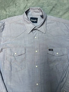 Camicia Wrangler Pearl Snap Uomo XL Blu Chambray Denim Chiaro Western Rodeo Cowboy - Foto 1 di 9