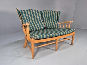 Vintage Danish Wingback Sofa 1960s Oak Frame Green Striped EB9633 V2SS - Picture 1 of 19