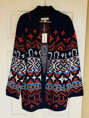 LUCKY BRAND Multi COLOR Horseshoe WESTERN Open FRONT Cardigan SWEATER XL NWT - Image 1 of 3