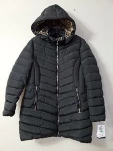 Perry Ellis Women’s black Faux Quilt hood full zip Puffer Winter Coat Large New - Picture 1 of 9