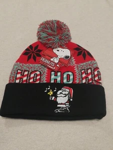 MENS PEANUTS SNOOPY RED/BLACK HO HO HO CHRISTMAS BEANIE HAT ONE SIZE NEW! - Picture 1 of 6