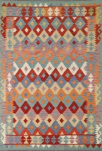 Geometric Hand woven Kilim Pastel Color Wool Oriental Reversible Area Rug 6'x8' - Picture 1 of 10