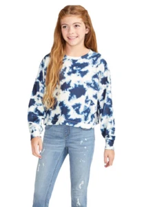 Justice Girls Top Blue Tie Dye Hacci Soft Pullover Long Sleeve Emblem Size 16/18 - Picture 1 of 10