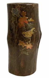 Antique JAPANESE KIRI WOOD IKEBANA VASE Gold & Red Leaves MAKIE Gold Bird Copper - Picture 1 of 12