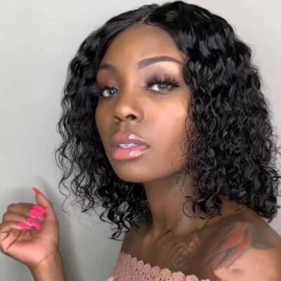 Peluca corta negra de encaje frontal rizada al agua sintética resistente al calor peluca natural  Foto 1 de 4