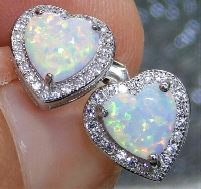 2Ct Heart Cut Simulated Opal & Diamond Halo Stud Earrings 14K White Gold Plated - Image 1 of 4