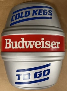 Budweiser COLD KEGS TO GO Vintage Hanging Plastic Keg Sign 16 1/2 x 20 x 5 - Picture 1 of 5
