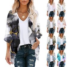 Womens Floral Print Puff Sleeve Chiffon Cardigan Loose Cover Up Casual Blouse