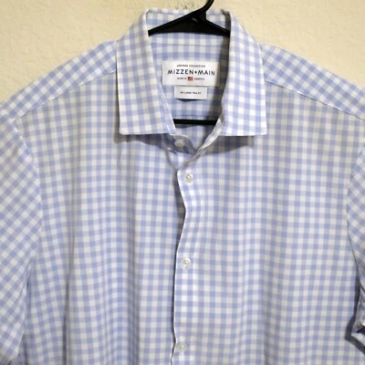 Mizzen Main Shirt Mens 2XL Long Sleeve Light Blue White Gingham Trim Fit - Image 1 of 4