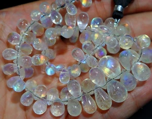 Madagascar Rainbow Moonstone Smooth Drops Beads Natural Blue Fire Rainbow 8'inch - Picture 1 of 6