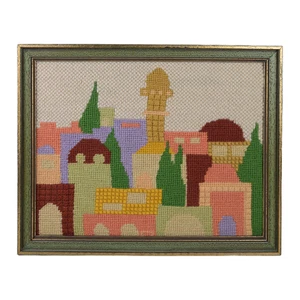 Vintage Mid Century Nadelspitze Jerusalem Stadtbild gerahmt Wandbild Wandteppich - Bild 1 von 6