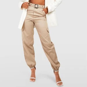BOOHOO Stone Cargo Trousers Side Pockets High Waist Fabric Belt Ankle Cuff - Picture 1 of 5