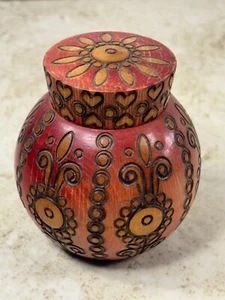Vintage Hand Carved Hand Painted Folk Art Floral Wood Jar with Lid Decor Storage - Picture 1 of 14