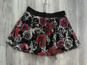 JUSTICE SEQUINED SKATER SKIRT/SKORT Black Silver Pink Red Roses Juniors Size 16 - Picture 1 of 11