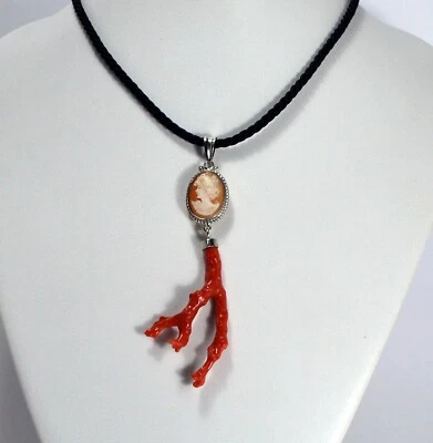 CAMMEO CORNEOLA OVALE 18 mm CORALLO  CIONDOLO ARGENTO 925 RODIATO   - AGDV 0199- - Immagine 1 di 3