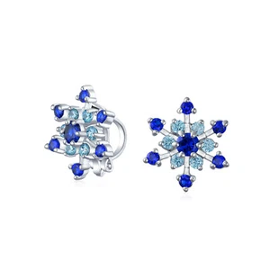 Christmas Party CZ Aqua Star Snowflake Clip-On Earrings Silver Plated - Picture 1 of 4