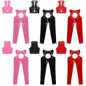 Womens Lingerie PU Vest Cutout Set 2 Piece Outfits Bodycon Clubwear With Pants - Picture 1 of 39