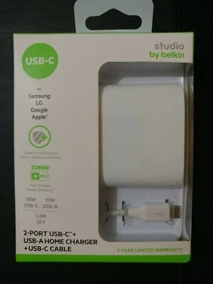 Brand New Belkin 2-Port Home Charger + USB-C Cable for Samsung LG Google Apple - Image 1 of 3