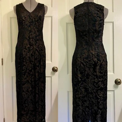Maxi Vestido Vaina De Colección Zoe California Sin Mangas Negro Burnout Terciopelo Forrado Talla S Foto 1 de 4