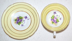 Vintage Stanley England PURPLE Violets FLORAL Gold Gilt Yellow TEA Cup & Saucer - Picture 1 of 10