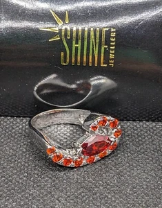*Sale* Unusual Orange Cz Shiny Rhodium Plated Sterling Silver Ring sz9 .Q115 - Picture 1 of 8