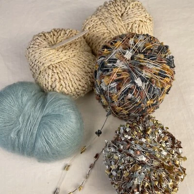 Lot of 5 Mixed Yarns Mohair Cotton Viscose Eyelash Yarn Natural Muted Blue Brown - Image 1 of 4