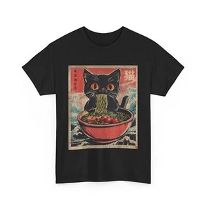 Cat Ramen Japanese Funny Graphic Tees Kawaii Cat Anime Gifts T-Shirt - Picture 1 of 17