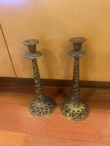 Candelabros de Shabat de latón israelíes de colección de Oppenheim - un par de 13"" H" - Imagen 1 de 12