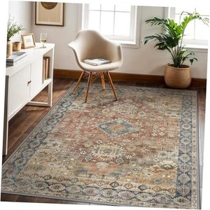 Washable Rugs Area Rugs for Living Room, Thin Indoor Chenille Low Pile 8X10 Red - Picture 1 of 8