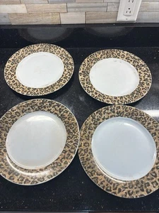 Set Of 4 Tienshan Fine China Dinner Plates Leopard Print 10 3/4” Rim Pattern VTG - Picture 1 of 7