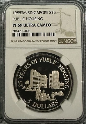1985 Singapore Public Housing $5 Silver Proof NGC PF69 Ultra Cameo - Image 1 of 2