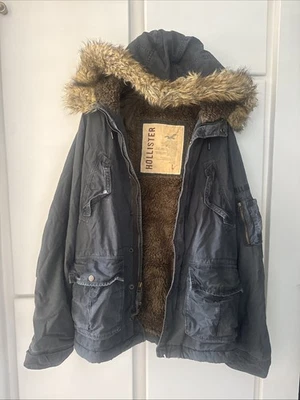 Hollister All Weather Collection Faux Fur Lined Black Full Zip Jacket Hood Large - Image 1 of 4