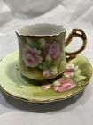 1987 Lefton China Hand Painted Cup & Saucer, Floral Roses, Scalloped Gold Edges