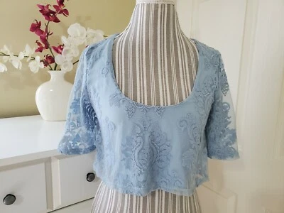 Top corto de encaje bordado de malla azul claro Honey Punch manga corta talla S Foto 1 de 4