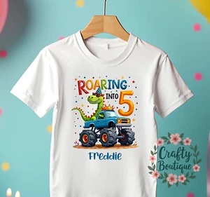 5th Birthday T-Shirt, Monster Truck Tshirt, Dinosaur Five Boy Party Shirt - 1343 - Picture 1 of 2