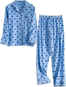 DAMEN L ODER XL SELTEN BLAU HERZEN BAUMWOLLE FLANELL PYJAMA SET GESCHENK NEU - Bild 1 von 3
