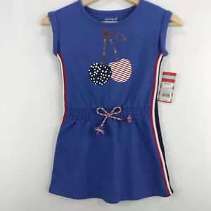 Cat & Jack Girls XS Short Knit Dress Heather Blue Patriotic Cherry Elastic Waist - Picture 1 of 3