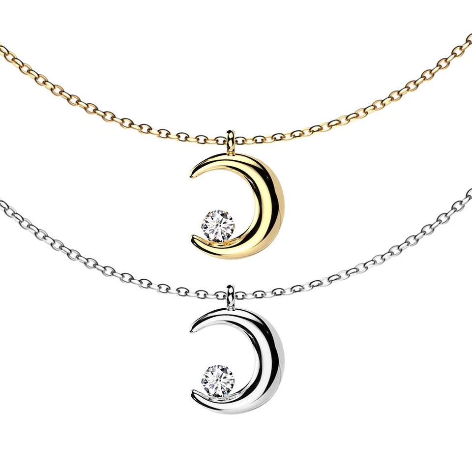 Acciaio Inox Collana da Donna Mezzaluna Zirconia Cristallo Ciondolo Collier HK46 - Immagine 1 di 1