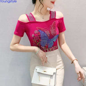 Korean Women Mesh Summer Rhinestone Strap Butterfly Party Tops Blouse T-shirt - Foto 1 di 16