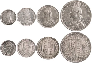 GREAT BRITAIN 1887 VICTORIA 4 DIFFERENT SILVER COINS: 3 & 6 PENCE, 1/2 & 1 CROWN - Picture 1 of 1