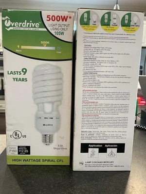 NEW Overdrive 500W Hi-Wattage 7150 Lumens 10,000 Hrs Spiral CFL Mogul Base Bulb - Image 1 of 4