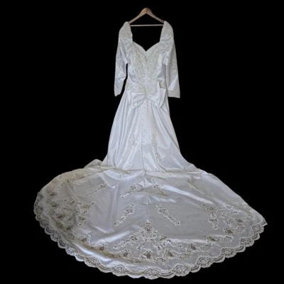 VTG MoriLee Embroider Satin Wedding Dress Gown Train White Long Slv Pearl Sequin - Image 1 of 4
