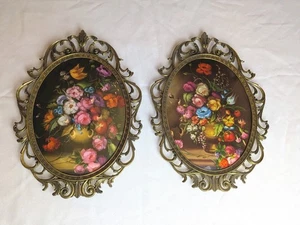 Vintage Italian Oval Brass Framed Floral Pictures in Convex Bubble Glass Pair - Picture 1 of 7